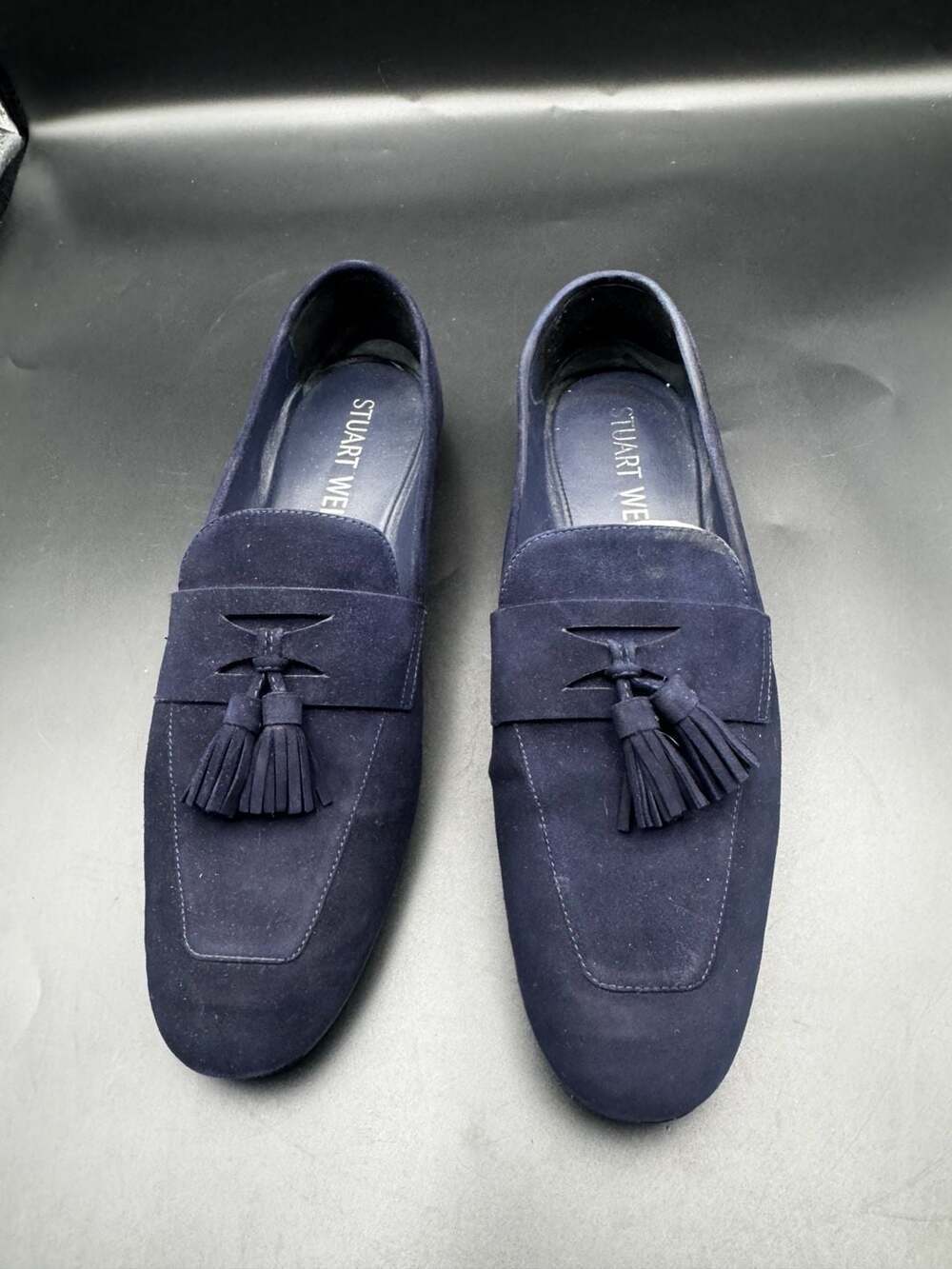 Stuart Weitzman Navy Suede Tassel Moccasin Loafers